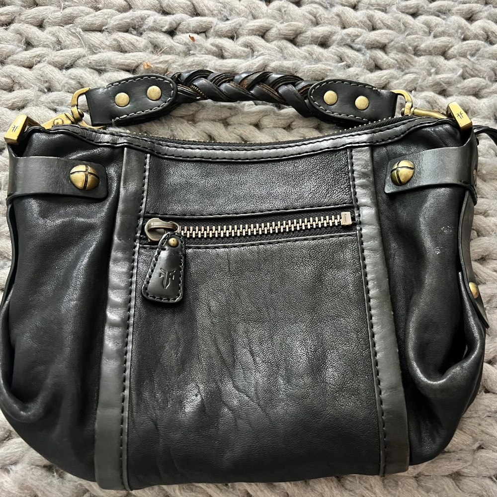 Frye black leather handbag with braided strap